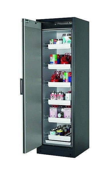 asecos Sicherheitsschrank Q-CLASSIC-90, Q90.195.060 in lichtgrau RAL 7035 mit 6x Auszugswanne Standard (Stahlblech), 30072-041-30090