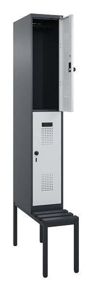 C+P Doppelstock-Spind Evolo PLUS, Bank, 2 Fächer, 2120x300x815mm, 7016/7035, Drehriegel, Sitzfläche Kunststoff, Sitzbank, 0493507-10 S10098