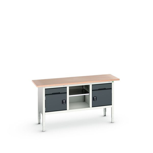 bott verso Kastenwerkbank (Multiplex-Platte) 2 Schubladen, 2 Türen und 1 Ablageboden, BxTxH: 1750x600x830 - 930 mm, Lichtgrau/Anthrazitgrau, 16923021.19