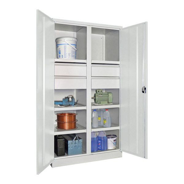 Pavoy Schwerlastschrank 1950/1040/630, Trennwand, 6 gepulverte Fachböden, 4 Schubladen, Flügeltüren, Drehgriff mit Zylinderschloss, 36366-104-007-910