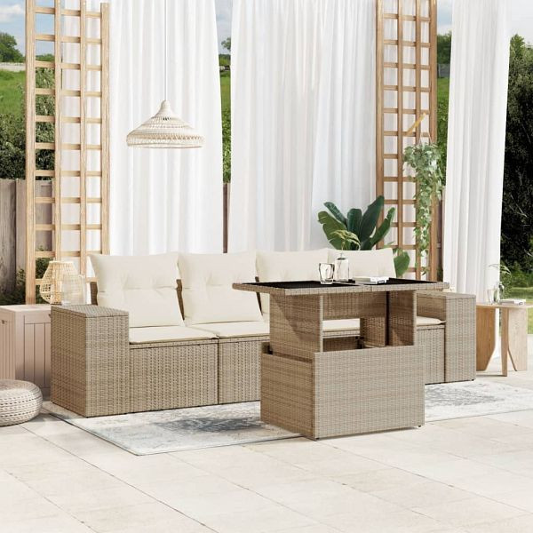 vidaXL 5-tlg. Garten-Sofagarnitur mit Kissen Beige Poly Rattan, 3268988