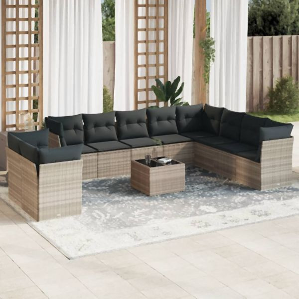 vidaXL 11-tlg. Garten-Sofagarnitur mit Kissen Hellgrau Poly Rattan, 3217872