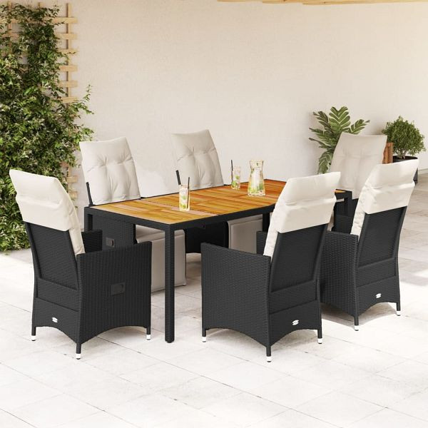 vidaXL 7-teilig Garten-Essgruppe mit Kissen Schwarz Poly Rattan, 3276859