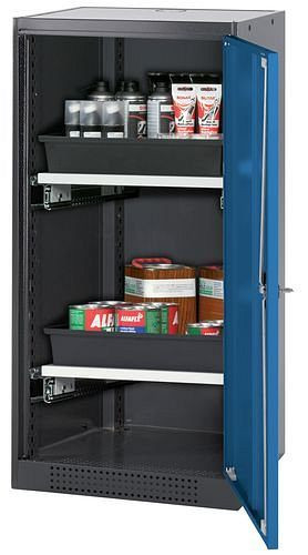 asecos Chemikalienschrank Systema-T CS-52R, Korpus anthrazit, Flügeltüren blau, 2 Tablarauszüge, 208631