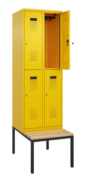 C+P Doppelstock-Spind Evolo PLUS, Bank, 4 Fächer, 2120x600x815mm, 1023/1023, Zylinderschloss, Sitzfläche Buche-Hartholz, Sitzbank, 0493507-20 S10049
