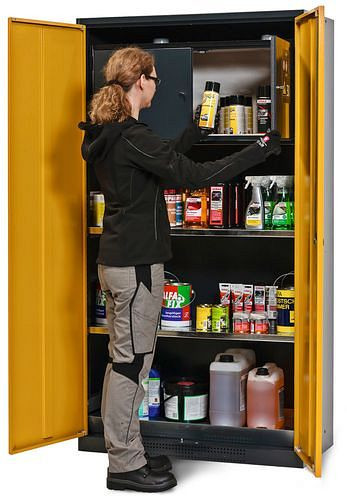 asecos Chemikalienschrank Systema-Plus, anthrazit, gelb, Sicherheitsbox und Einlegeböden, Typ CS-30, 218479