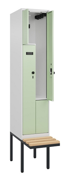 C+P Z-Spind Evolo PLUS, Bank, 2 Fächer, 2120x400x815mm, 9016/6019, Drehriegel, Sitzfläche Holz, 0490437-122 S10018