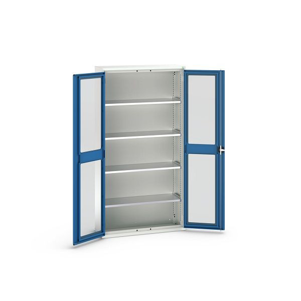 bott verso Flügeltürschrank mit Sichtfenster, mit 4 Fachböden, BxTxH: 1050 x 350 x 2000 mm, Lichtgrau / Enzianblau, 16926273.11