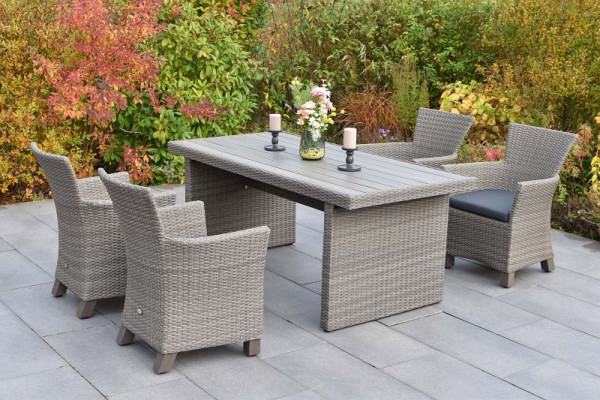 Merxx Toskana Set 5-teilig, 4 Toskana Sessel, inkl. Auflagen, 1 Tisch 185 x 90 cm, Tischplatte aus grauen Kunststoff in Holzoptik, grau, 51143-262