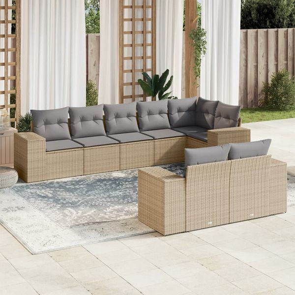 vidaXL 8-teilig Garten-Sofagarnitur mit Kissen Beige Poly Rattan, 3222818