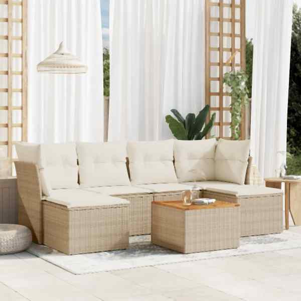 vidaXL 7-tlg. Garten-Sofagarnitur mit Kissen Beige Poly Rattan, UV-beständig, 3256100