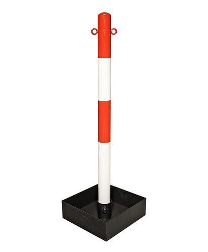 DENIOS Schwerer Ketten-Warnständer, rot/weiß, Bodenwanne ohne Tragegriff, H 1000 mm, 180252