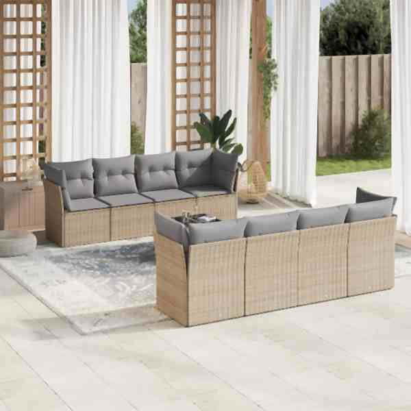 vidaXL 9-tlg. Garten-Sofagarnitur mit Kissen Beige Poly Rattan, UV-beständig, 3249148