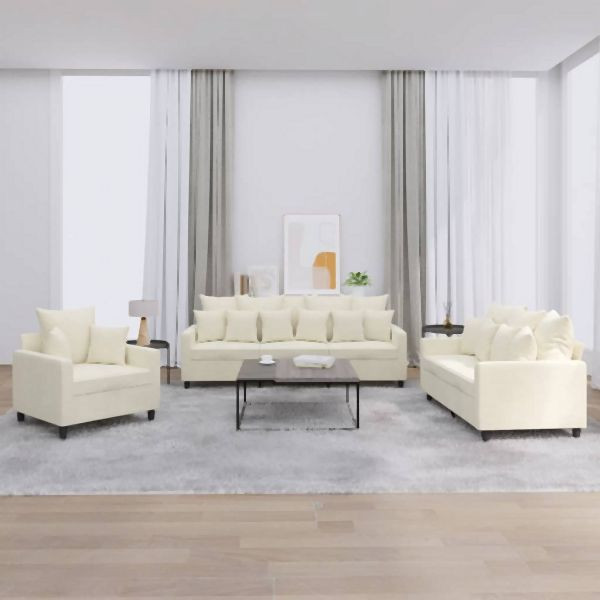 vidaXL 3-tlg. Sofagarnitur mit Kissen Creme Samt, 3201688