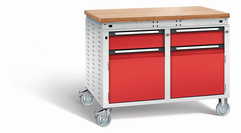 Otto Kind Werkbank Serie function Typ 251 fahrbar, Multiplexplatte 40 mm, bündig, 2x Unterbau, Gehäuse RAL 7035, Front RAL 3000, 072382134