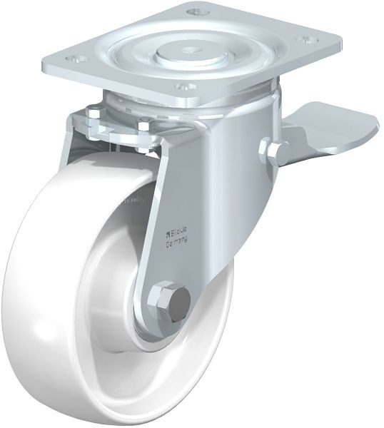 Blickle LH-PO 150K-ST Stahlblech-Lenkrolle, Schwerlast-Ausführung, mit Anschraubplatte & Feststeller, Polyamid, Weiß, 11601