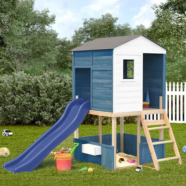 vidaXL Spielturm Weiß und Blau Massivholz Tanne, 3376143