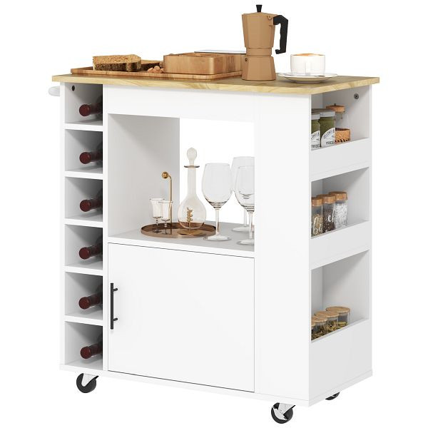 HOMCOM Küchenwagen, Rollbare Kücheninsel, Küchen-Trolley mit Fächern, Weinregalen, Schrank und Arbeitsfläche, Weiß, 801-373V90AK
