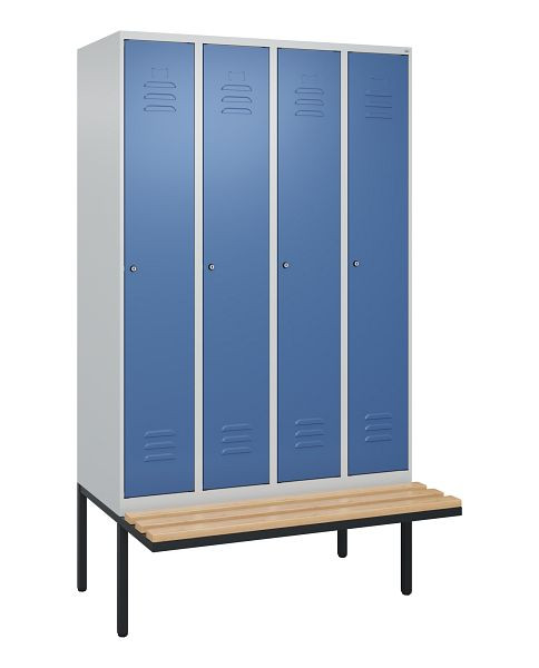 C+P Umkleidespind Classic PLUS, 4 Abteile, 2120x1200x815mm, 7035/5023, Zylinderschlösser, Buche-Sitzleisten, 3 Doppel-Haken, 0800407-40 S10049