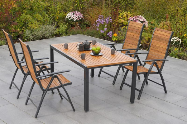 Merxx Santorin Set 5-teilig, 4 Klappsessel, Rückenlehne 5-fach verstellbar, 1 Tisch 150 x 90 cm, Aluminium mit FSC Akazienholz, 50671-209