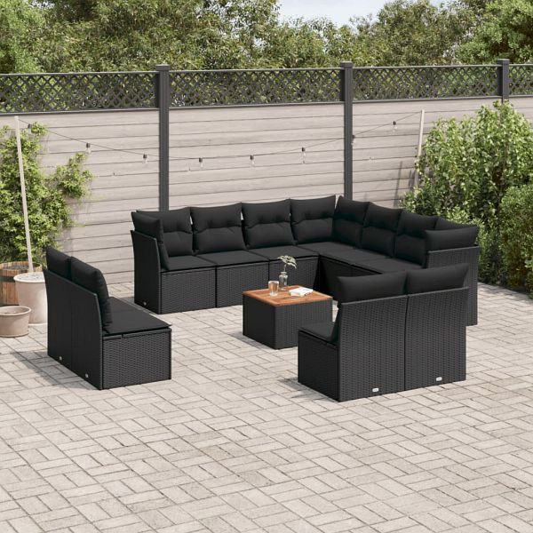 vidaXL 12-teilig Garten-Sofagarnitur mit Kissen Schwarz Poly Rattan, 3223703