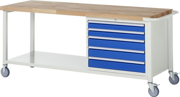 RAU Fahrbare Werkbank 8000 - Modell 8271, B2000 x T700 x H880-1080 mm, Unterbau-Container rechts, 5x Schubladen: 2xH90, 3xH120 mm, 05-8271A6-207B4H.11