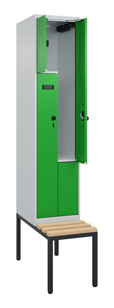 C+P Z-Spind Evolo PLUS, Bank, 2 Fächer, 2120x400x815mm, 7035/6037, Drehriegel, Sitzfläche Buche-Hartholz, Sitzbank, 0490537-122 S10004