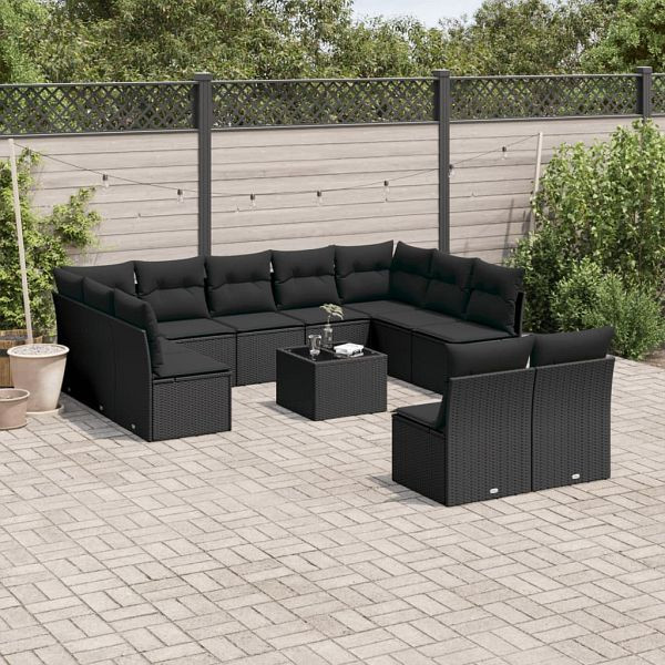 vidaXL 12-teilig Garten-Sofagarnitur mit Kissen Schwarz Poly Rattan, 3218355