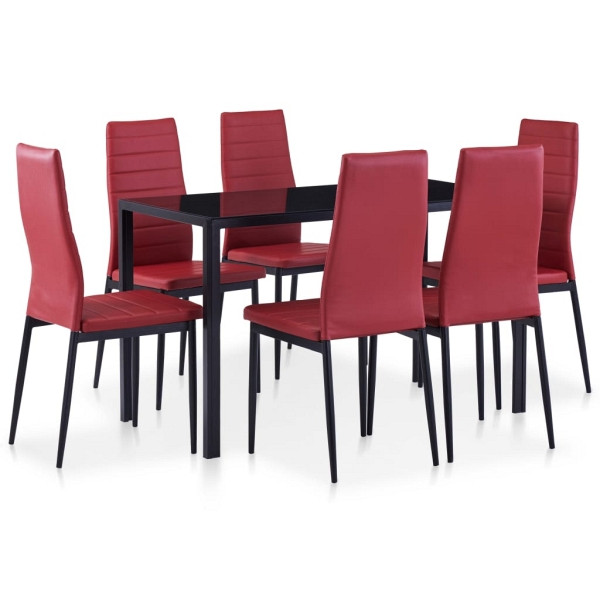 vidaXL 7-tlg. Essgruppe Weinrot, gehärtetes Glas + Eisen-Rahmen, 281700, 8719883599014