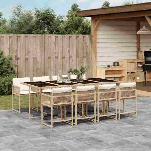 vidaXL 9-tlg. Garten-Essgruppe mit Kissen Beige Poly Rattan, UV-beständig, 3211462