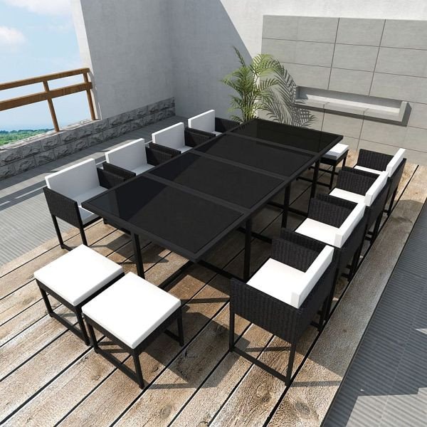 vidaXL 13-teilig Garten-Essgruppe mit Auflagen Poly Rattan Schwarz, 42761