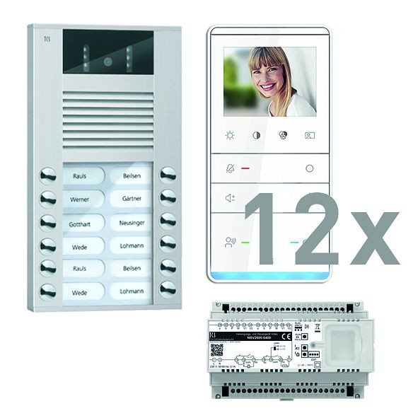 TCS Türkontrollsystem video:pack AP für 12 Wohneinheiten, mit Außenstation AVE 12 Klingeltasten, 12x Video Freisprecher IVW5111, Steuerung, PVE16120-0010