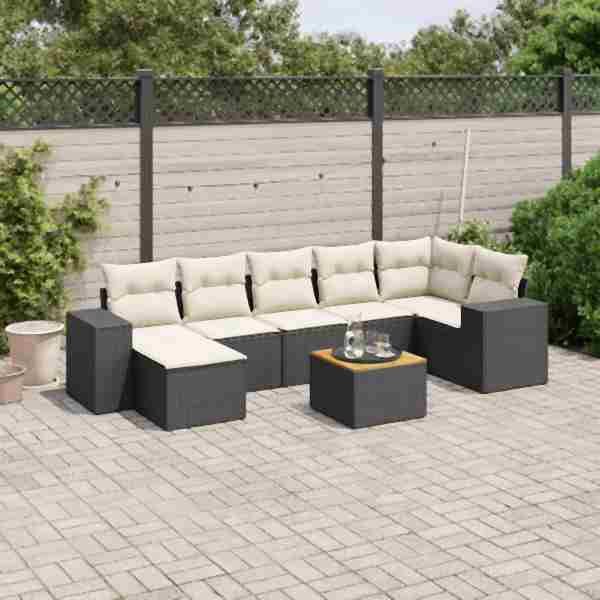 vidaXL 8-tlg. Garten-Sofagarnitur mit Kissen Schwarz Poly Rattan, UV-beständig, 3257883