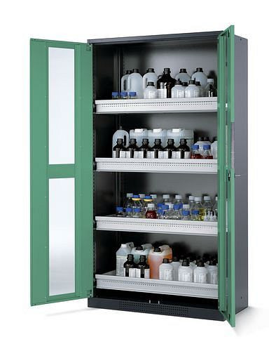 asecos Chemikalienschrank Systema-T CS-104G, Korpus anthrazit, Flügeltüren grün, 4 Tablarauszüge, 202690