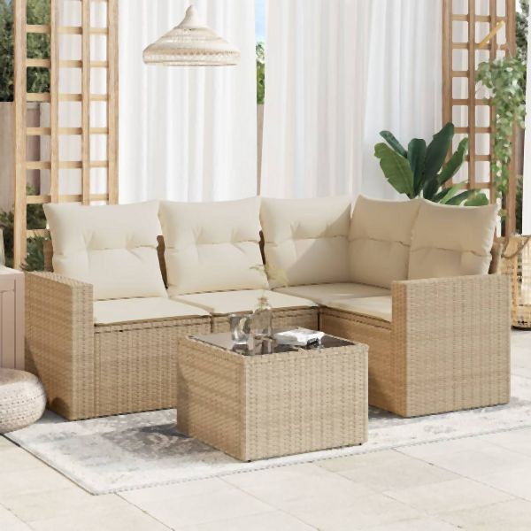 vidaXL 5-tlg. Garten-Sofagarnitur mit Kissen Beige Poly Rattan, 3218908