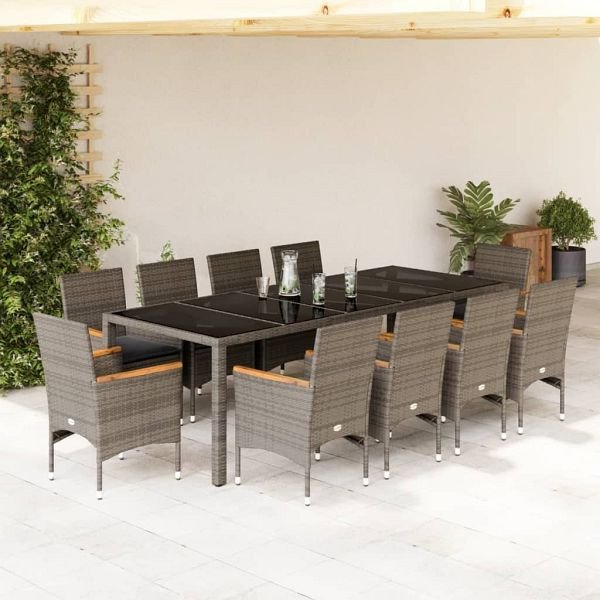 vidaXL 11-teilig Garten-Essgruppe mit Kissen Grau Poly Rattan Glas, 3278736