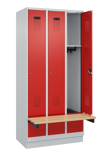 C+P Spind Evolo PLUS, 3 Abteile, 1950x900x815mm, 7035/3020, Zylinderschloss, Sitzfläche Holz, mit Sockel, 049040-30 S10032