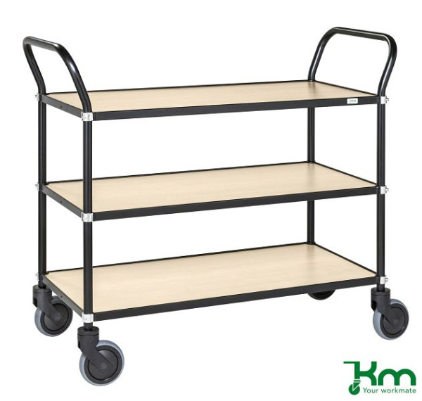 Kongamek Design Servierwagen, 4 Lenkrollen, 2 davon mit Bremsen, Schwarz / Birkenholz, 3 Böden, KM8113-BJB