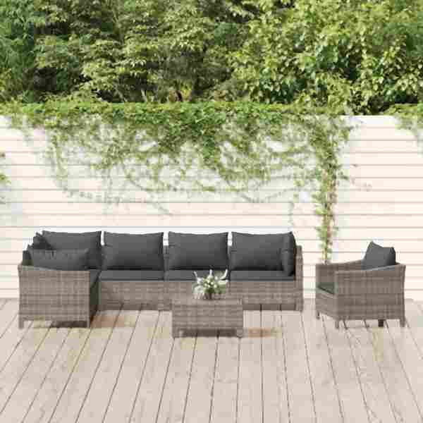 vidaXL 8-tlg. Garten-Lounge-Set mit Kissen Grau Poly Rattan, 3187287