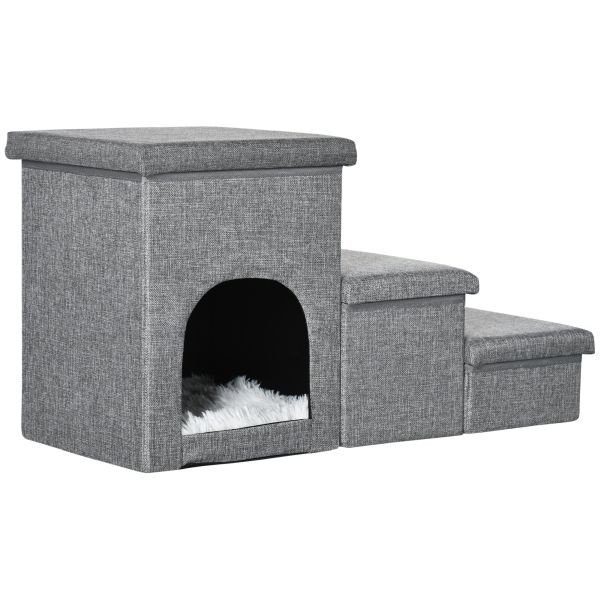 PawHut Hundetreppe, 3 Stufige Katzentreppe mit Höhle, 3-in-1 Tiertreppe Hellgrau, D06-172V00LG