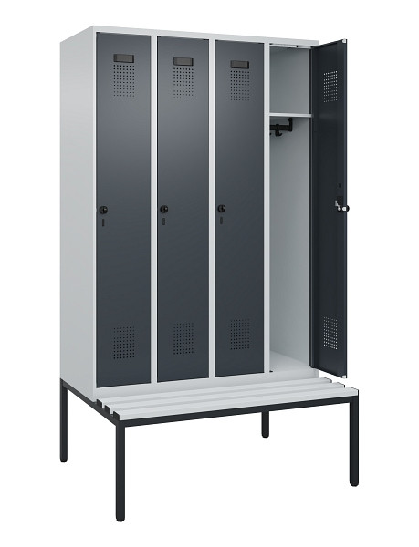 C+P Spind Evolo PLUS, 4 Abteile, 2120x1200x815mm, 7035/7016, Haken 3, Drehriegel, Sitzfläche Kunststoff, Sitzbank, 0490507-40 S10066