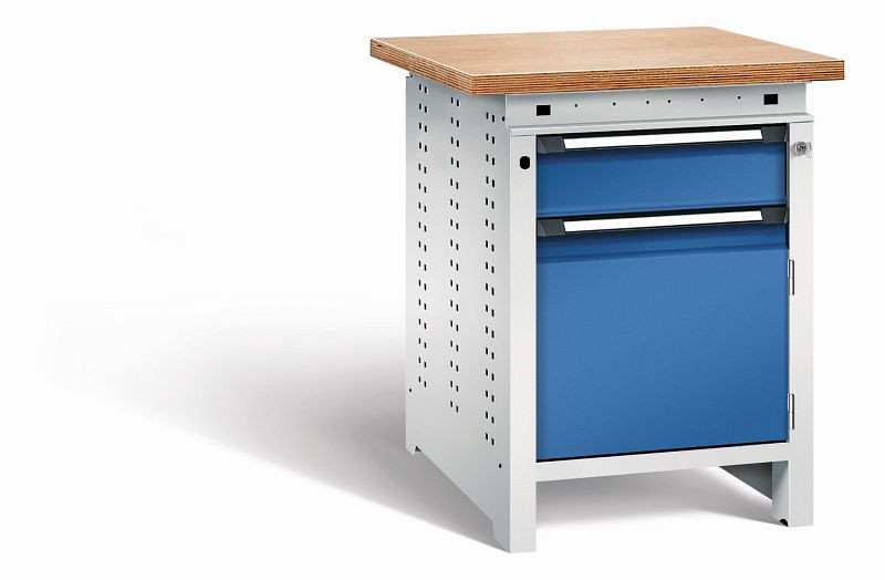 Otto Kind Werkbank Serie function Typ 105, Multiplexplatte 40 mm, überstehend, Unterbau mit Zentralverschluss, Gehäuse RAL 7035, Front RAL 5010, 072322286