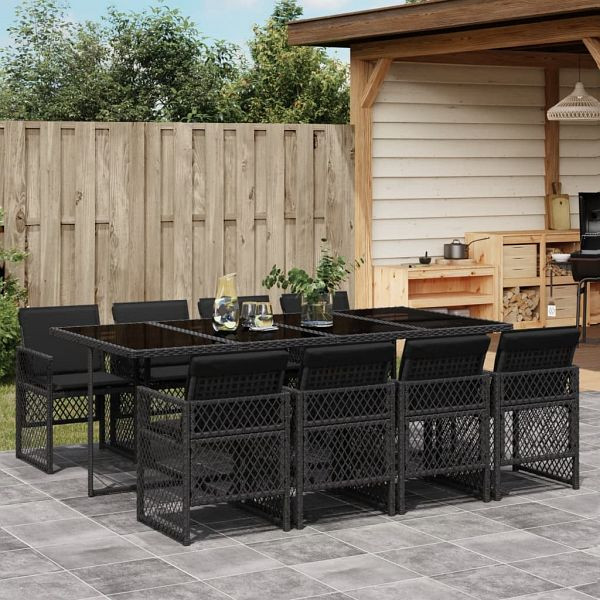 vidaXL 9-tlg. Garten-Essgruppe mit Kissen Schwarz Poly Rattan, 3210739