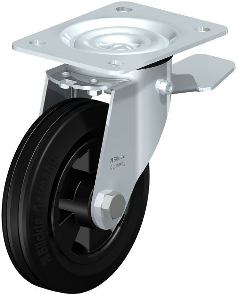 Blickle LE-VPP 150R-ST Stahlblech-Lenkrolle mit Anschraubplatte & Feststeller, Vollgummi, Schwarz, 684118