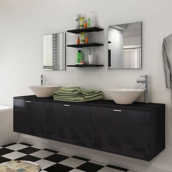 vidaXL 10-teilig Badmöbel-Set mit Waschbecken und Wasserhahn Schwarz, 273691