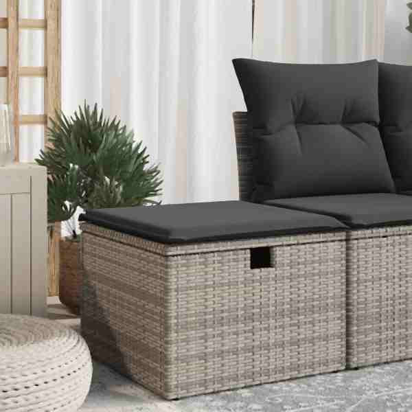 vidaXL Gartenhocker mit Kissen Grau 55x55x37 cm Poly Rattan, UV-beständig, 366118