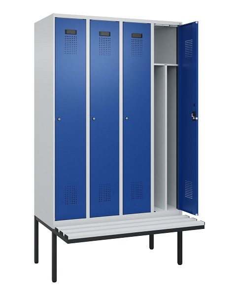 C+P Spind Evolo PLUS, 4 Abteile, 2120x1200x815mm, 7035/5010, Haken 4, Zylinderschloss, Material Sitzfläche Kunststoff, 0490407-40F S10087