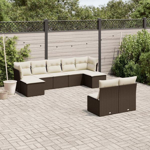 vidaXL 9-tlg. Garten-Sofagarnitur mit Kissen Braun Poly Rattan, 3250112