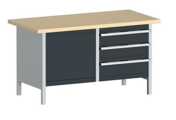 bott cubio Kastenwerkbank mit 3 Schubladen Tür, Ablage, Multiplex-Arbeitsplatte BxTxH: 1500 x 750 x 840 mm, RAL 7035/7016, 41002025.19V