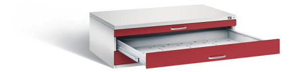 C+P Flachablageschrank Serie 7100_7200, H420xB1350xT960mm, Farbe: Lichtgrau / Rubinrot, Bügelgriff, 7200-100 S10096